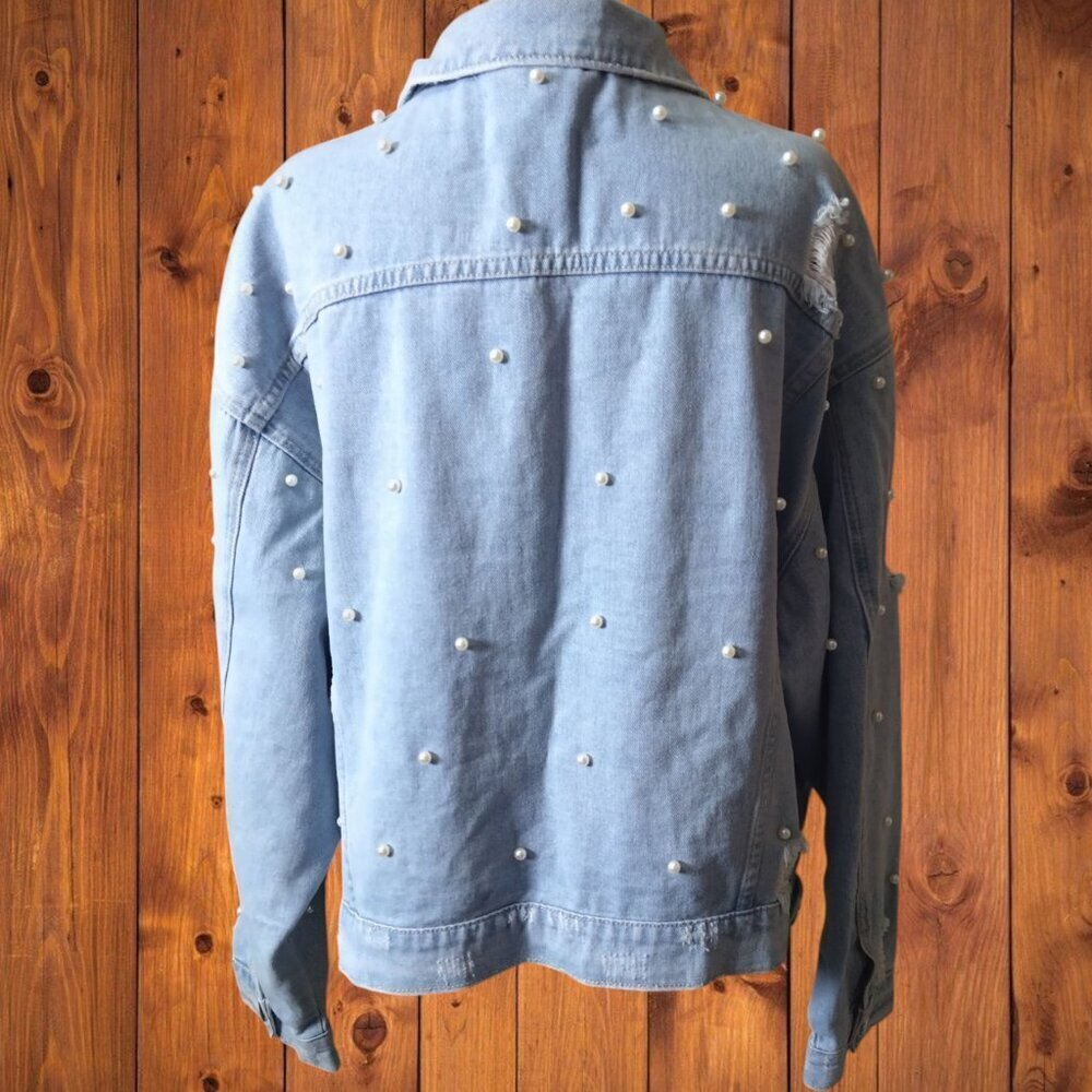 Fashion Nova Size 1X Distressed Beaded Blue Denim Jacket Grunge City Casual - Picture 8 of 8